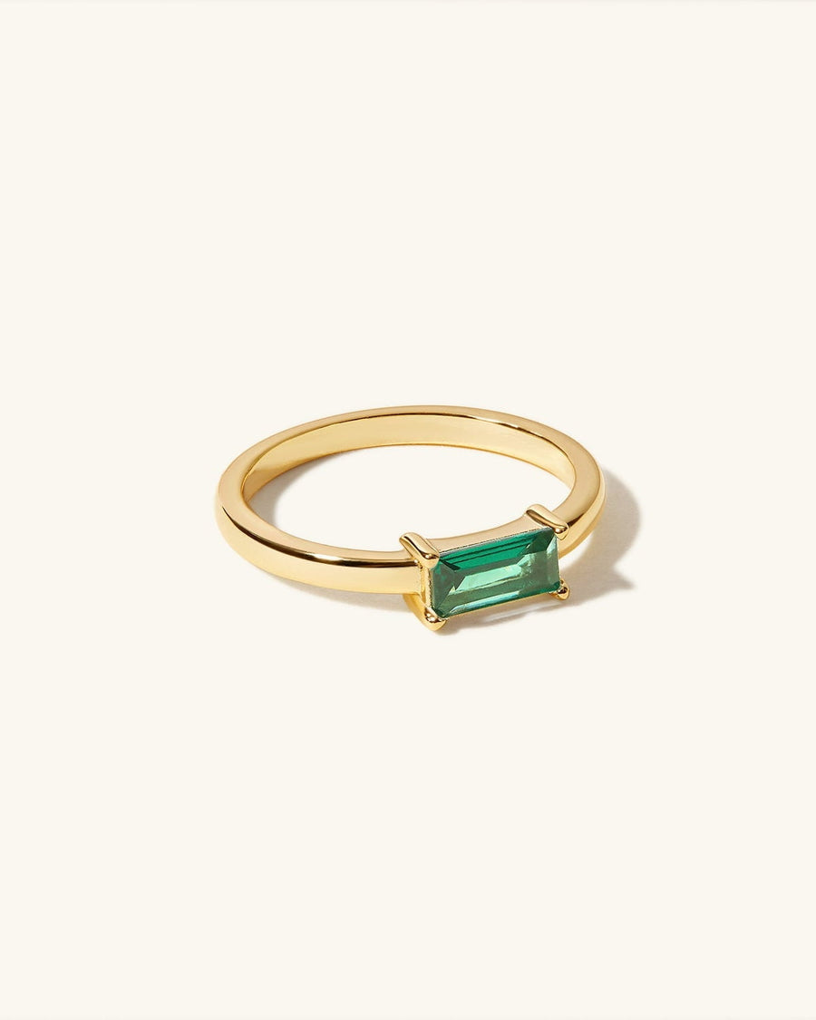 Detail Image - 14K Gold baguette birthstone ring with May emerald stone and slim 2mm band