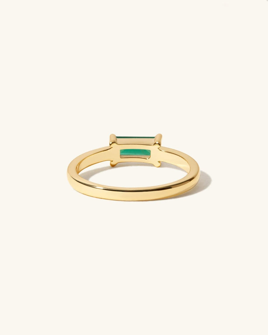 Detail Image - 14K Gold baguette birthstone ring with a slim 2mm band and emerald stone option