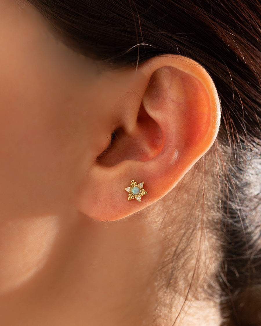 Model Image - Star of David opal stud earring in 14K gold plating shown on the earlobe worn on model