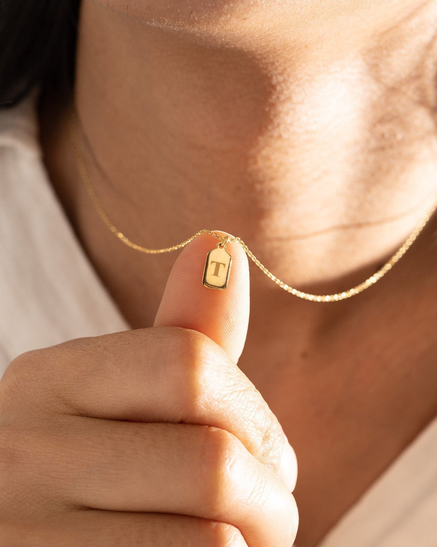 Model Image - 14k SOLID GOLD Initial Tag Charm, Custom Engraved Letter Pendant, Tiny Initial Charm Silver, Christmas Gift, Bridesmaid Gifts