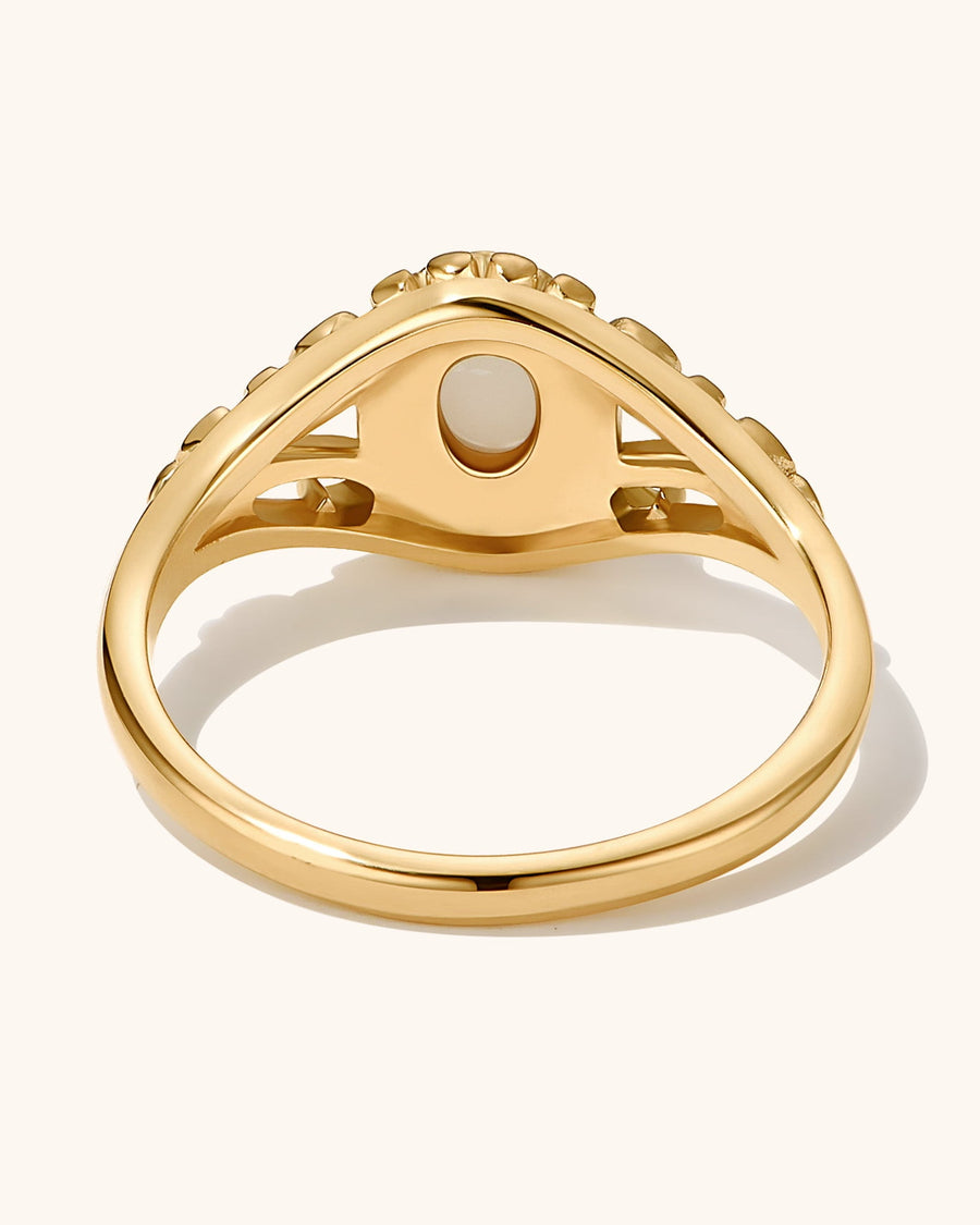 Detail Image - Back view of the Vintage Pearl Ring showing the pearl setting and band detailing in 18k gold plated stainless steel