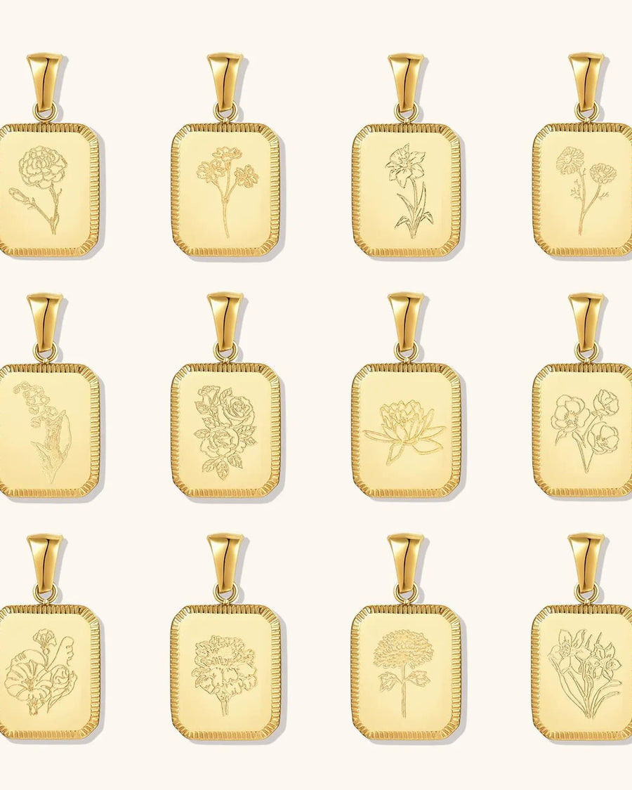 Detail Image - Square birth flower pendants with engraved floral designs in 14k gold